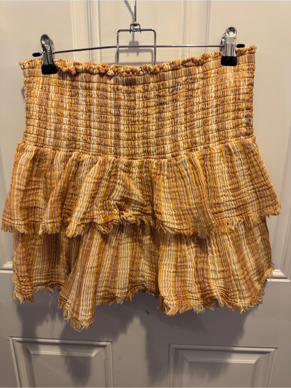 American Eagle Aerie Yellow Striped Plaid Tiered Smocked Mini Skirt Raw Edge S/P